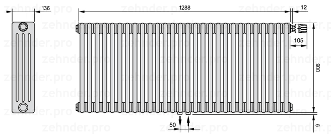 Схема (чертеж) Радиатор Zehnder Charleston 4090/28 №V008 Белый глянцевый RAL 9016